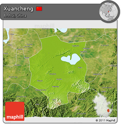 Physical 3D Map of Xuancheng, satellite outside