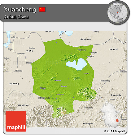 Physical 3D Map of Xuancheng, shaded relief outside