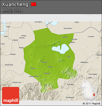 Physical 3D Map of Xuancheng, shaded relief outside