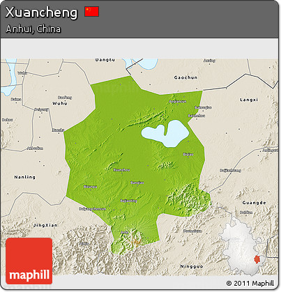 Physical 3D Map of Xuancheng, shaded relief outside
