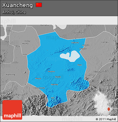 Political 3D Map of Xuancheng, desaturated