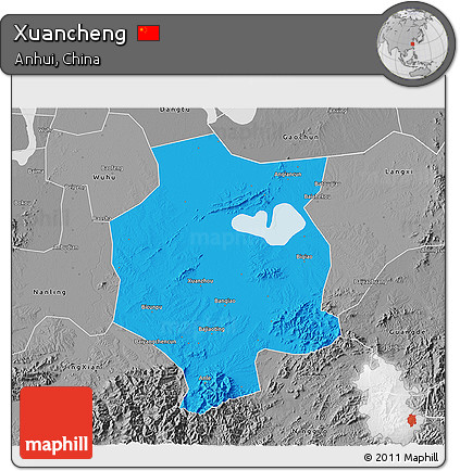 Political 3D Map of Xuancheng, desaturated