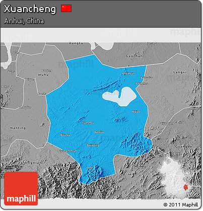Political 3D Map of Xuancheng, desaturated