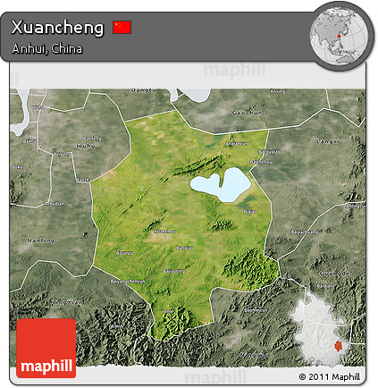 Satellite 3D Map of Xuancheng, semi-desaturated