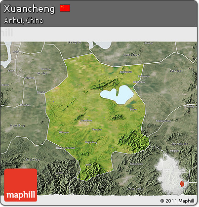 Satellite 3D Map of Xuancheng, semi-desaturated