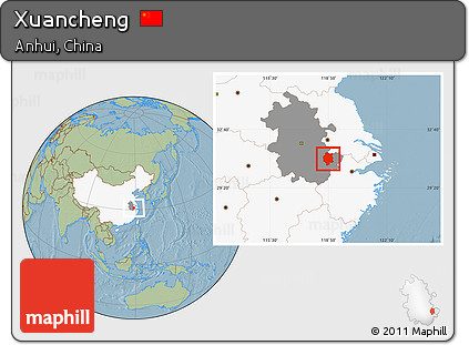 Savanna Style Location Map of Xuancheng, highlighted country, highlighted parent region, hill shading