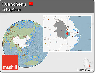 Savanna Style Location Map of Xuancheng, highlighted country, highlighted parent region, hill shading