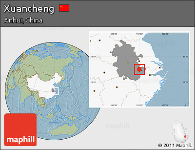 Savanna Style Location Map of Xuancheng, highlighted country, highlighted parent region, hill shading