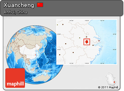 Shaded Relief Location Map of Xuancheng, highlighted country
