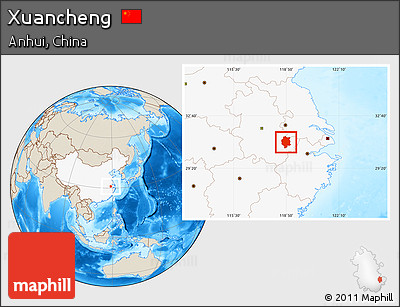 Shaded Relief Location Map of Xuancheng, highlighted country