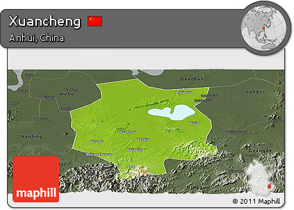 Physical Panoramic Map of Xuancheng, darken, semi-desaturated
