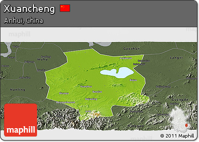 Physical Panoramic Map of Xuancheng, darken, semi-desaturated