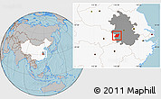 Gray Location Map of Yuexi, highlighted country, highlighted parent region, hill shading