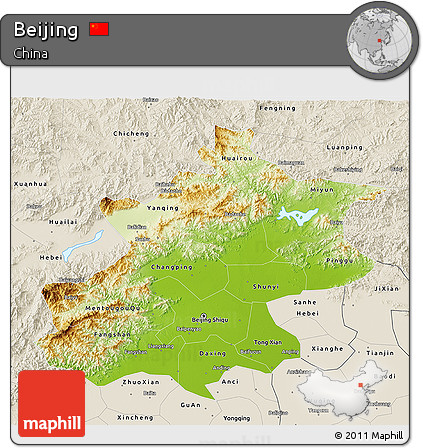 Physical 3D Map of Beijing, shaded relief outside