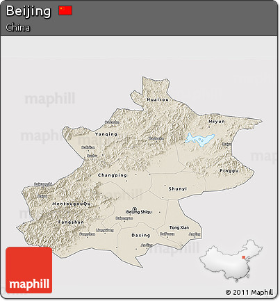 Shaded Relief 3D Map of Beijing, single color outside