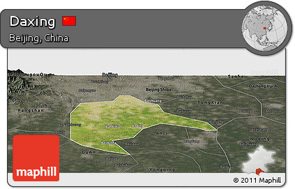 Satellite Panoramic Map of Daxing, darken, semi-desaturated