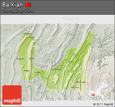 Physical 3D Map of Ba Xian, lighten, semi-desaturated