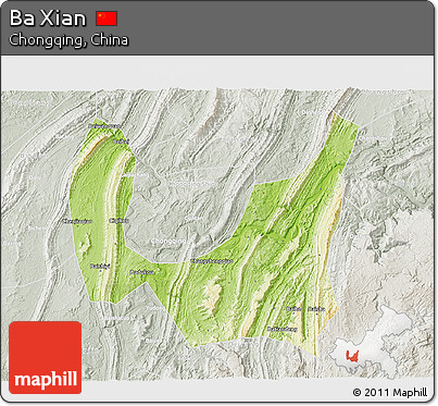 Physical 3D Map of Ba Xian, lighten, semi-desaturated