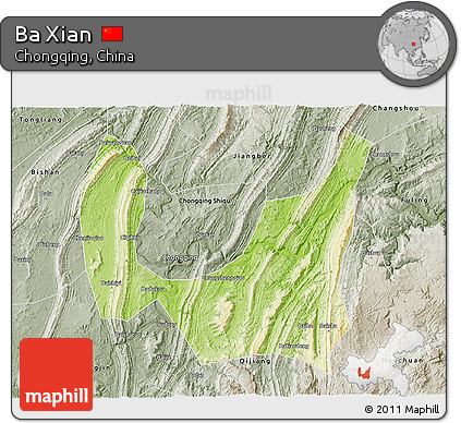 Physical 3D Map of Ba Xian, semi-desaturated