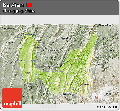 Physical 3D Map of Ba Xian, semi-desaturated