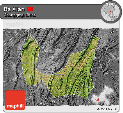 Satellite 3D Map of Ba Xian, desaturated