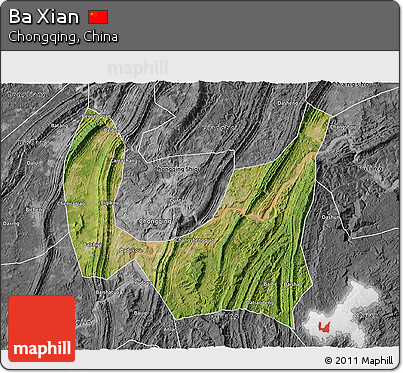 Satellite 3D Map of Ba Xian, desaturated