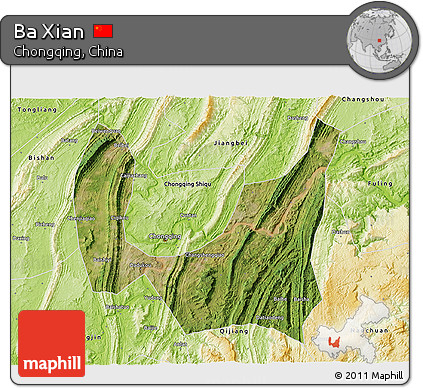 Satellite 3D Map of Ba Xian, physical outside