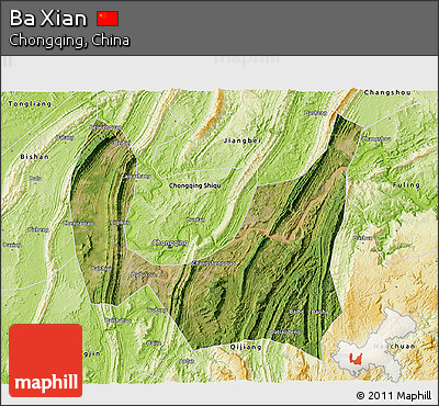 Satellite 3D Map of Ba Xian, physical outside