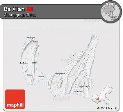 Silver Style 3D Map of Ba Xian, single color outside