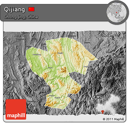 Physical 3D Map of Qijiang, darken, desaturated