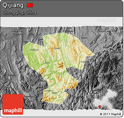 Physical 3D Map of Qijiang, darken, desaturated