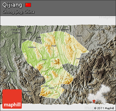 Physical 3D Map of Qijiang, darken, semi-desaturated