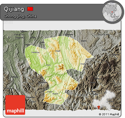 Physical 3D Map of Qijiang, darken, semi-desaturated