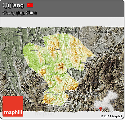 Physical 3D Map of Qijiang, darken, semi-desaturated