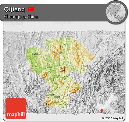 Physical 3D Map of Qijiang, lighten, desaturated