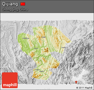 Physical 3D Map of Qijiang, lighten, desaturated