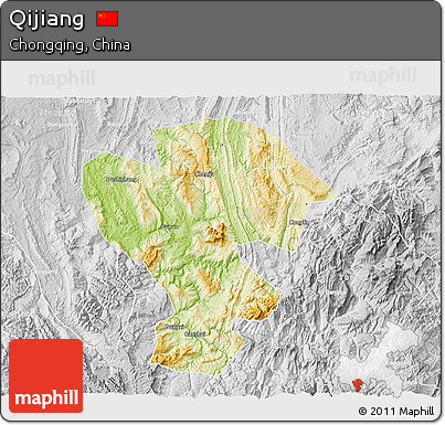 Physical 3D Map of Qijiang, lighten, desaturated