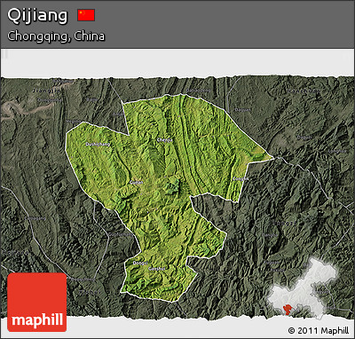Satellite 3D Map of Qijiang, darken, semi-desaturated