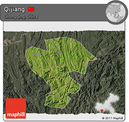 Satellite 3D Map of Qijiang, darken, semi-desaturated