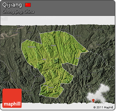 Satellite 3D Map of Qijiang, darken, semi-desaturated