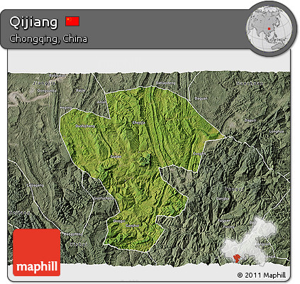 Satellite 3D Map of Qijiang, semi-desaturated