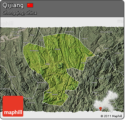 Satellite 3D Map of Qijiang, semi-desaturated