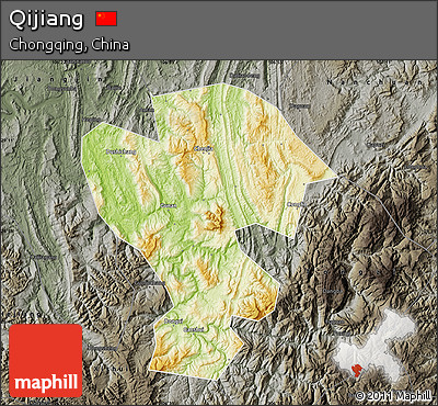 Physical Map of Qijiang, darken, semi-desaturated