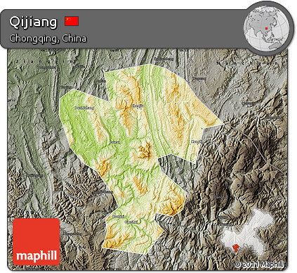 Physical Map of Qijiang, darken, semi-desaturated
