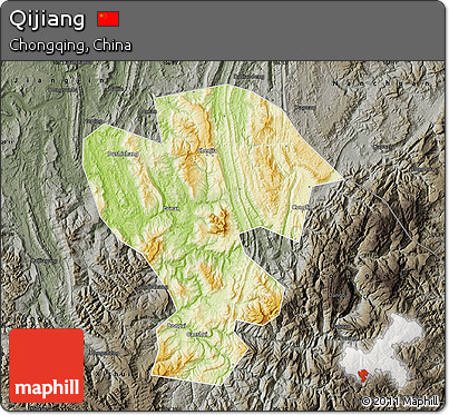 Physical Map of Qijiang, darken, semi-desaturated