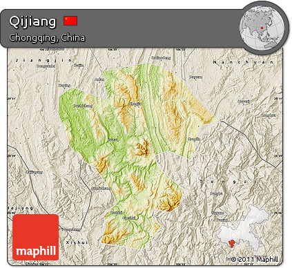 Physical Map of Qijiang, shaded relief outside
