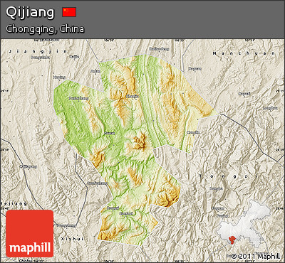 Physical Map of Qijiang, shaded relief outside