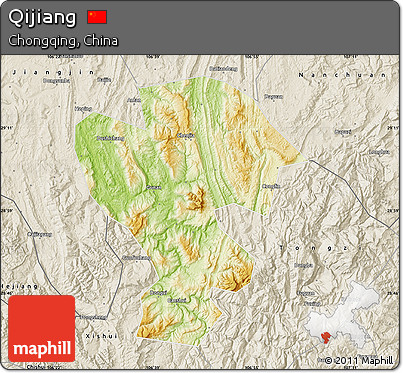 Physical Map of Qijiang, shaded relief outside