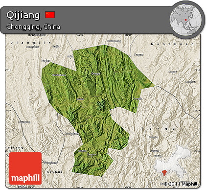 Satellite Map of Qijiang, shaded relief outside