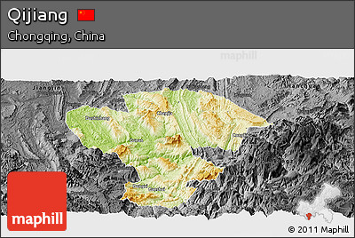 Physical Panoramic Map of Qijiang, darken, desaturated